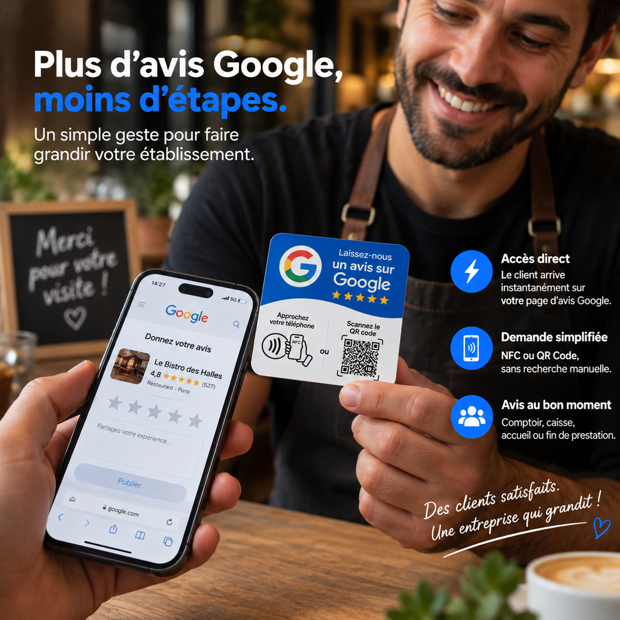Carte NFC Avis Google TapReviews, mise en situation (vue 3)